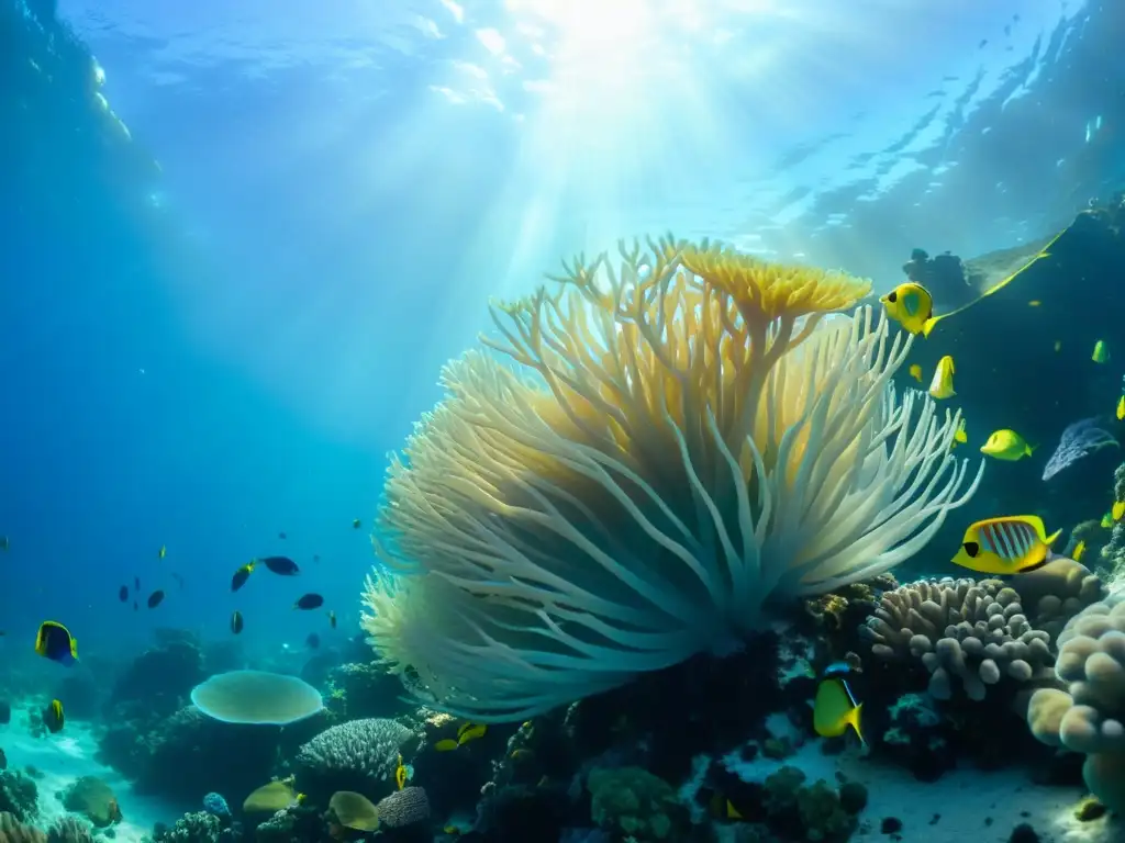 Vibrante arrecife de coral bajo el agua, con peces coloridos y vida marina