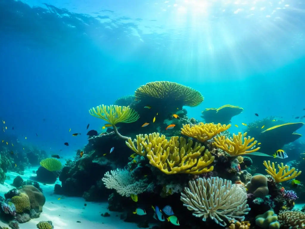 Un vibrante arrecife de coral bajo el agua, con peces coloridos y plantas marinas ondulantes