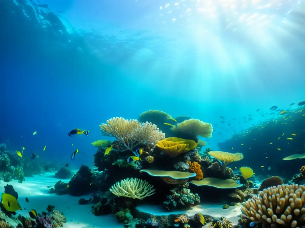 Un vibrante arrecife de coral bajo el agua con peces coloridos y formaciones de coral intrincadas