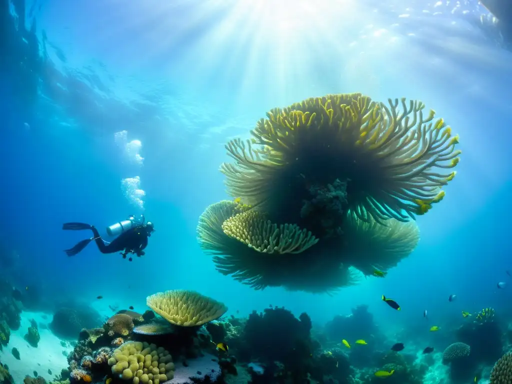 Un vibrante arrecife de coral bajo el agua con peces coloridos, anémonas y formaciones de coral