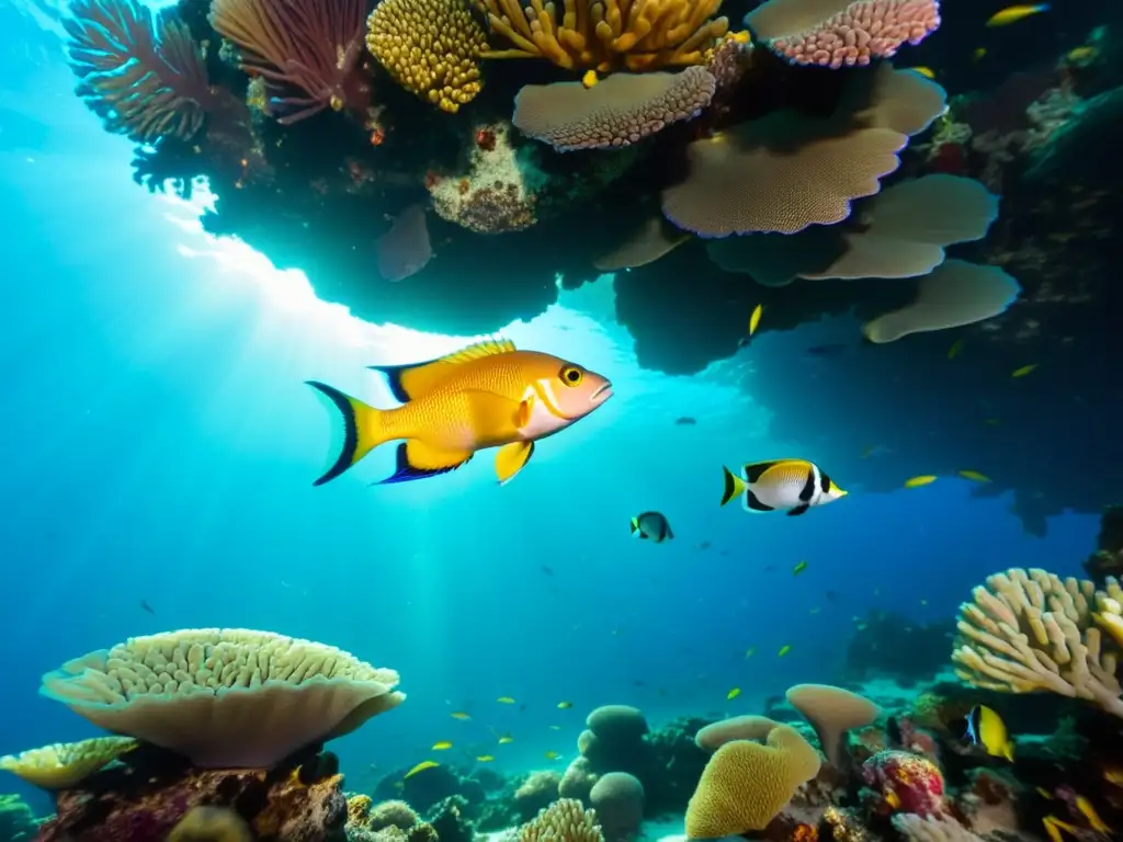 Un vibrante arrecife de coral bajo el agua con peces coloridos y vida marina interconectada