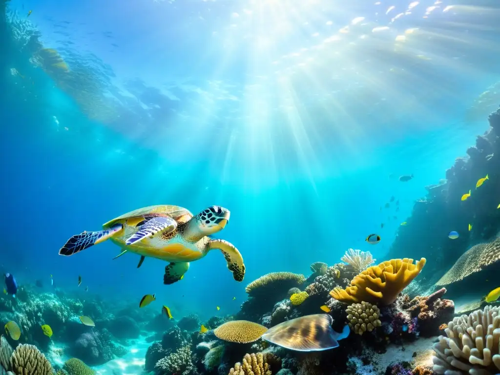 Un vibrante arrecife de coral bajo el agua, con peces coloridos y una majestuosa tortuga marina