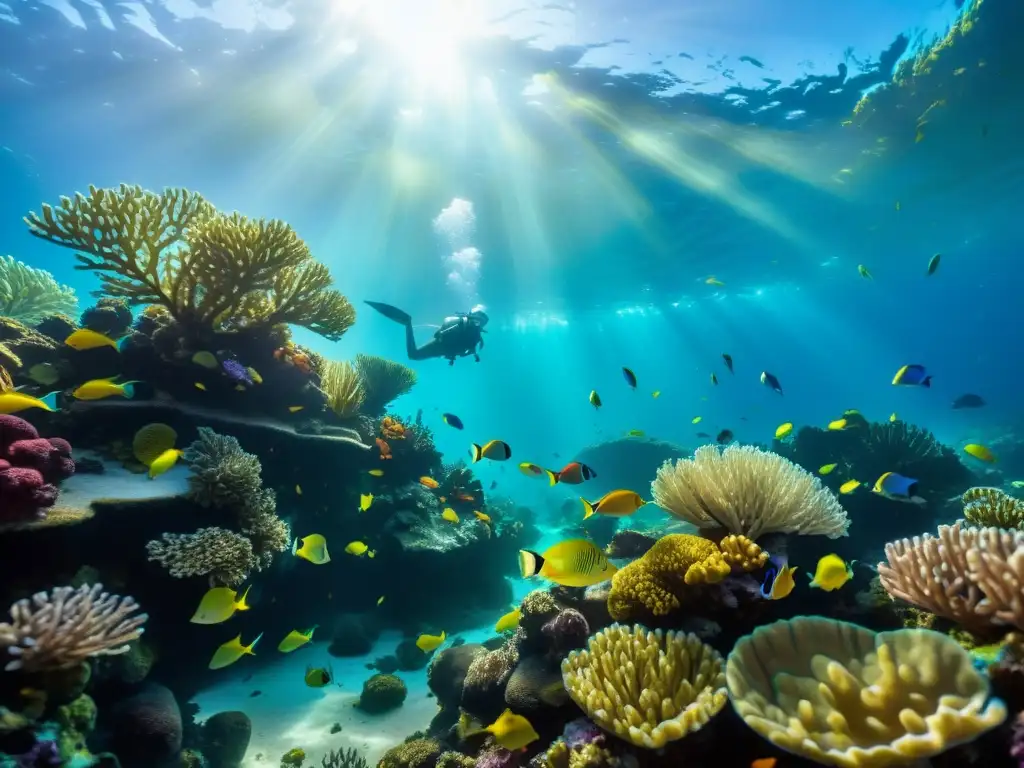 Arrecife de coral vibrante: un mundo submarino cautivador Un vibrante arrecife de coral bajo el agua, con peces coloridos y suaves corrientes marinas acuario replicadas en un entorno etéreo y cálido