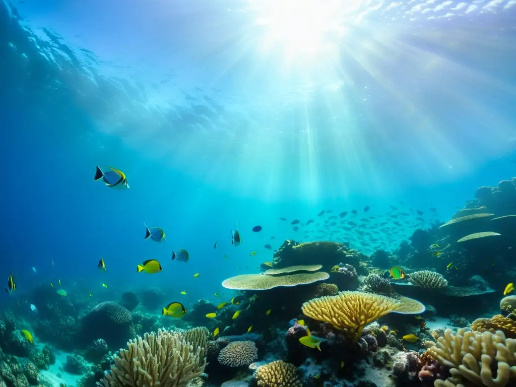 Un vibrante arrecife de coral bajo el agua, con peces coloridos, formaciones de coral e intensa vida marina