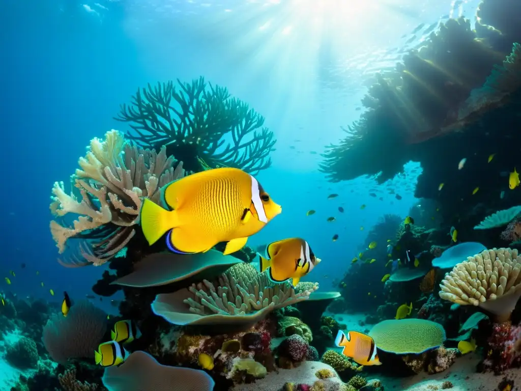 Un vibrante arrecife de coral bajo el agua, con peces tropicales y una hermosa danza de luz y sombras