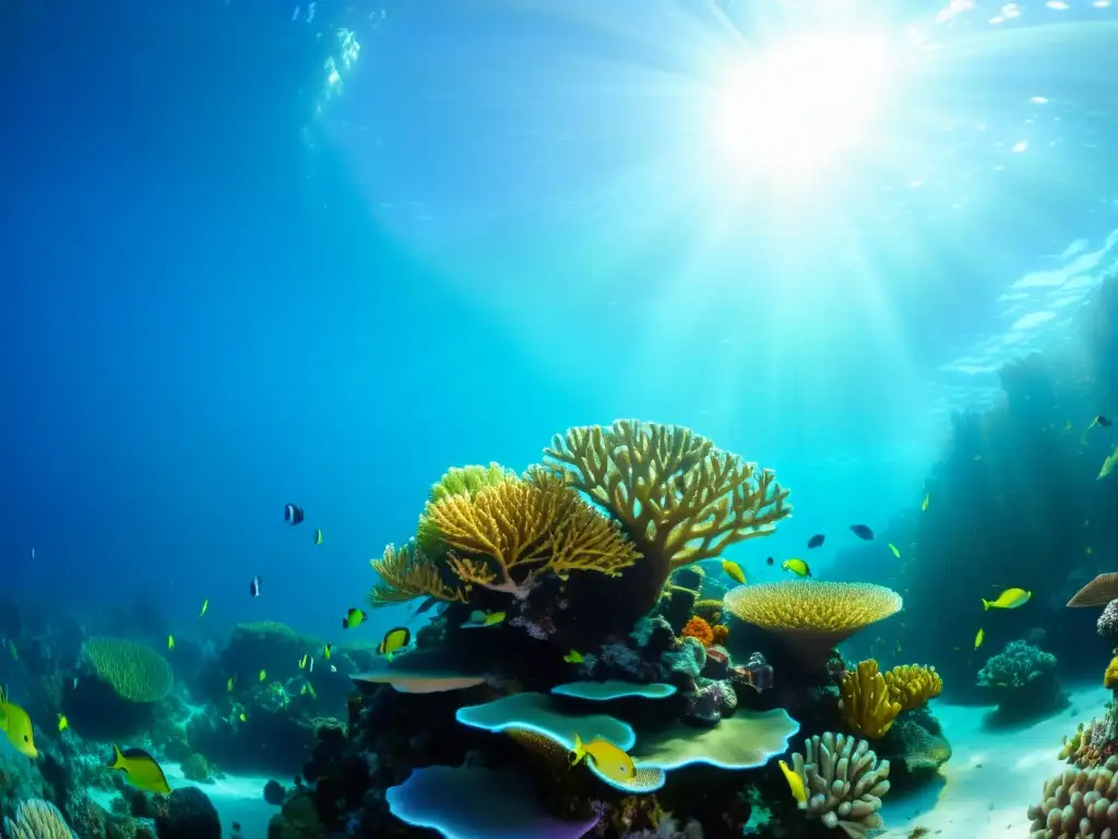 Un vibrante arrecife de coral bajo el agua, con vida marina diversa y colorida