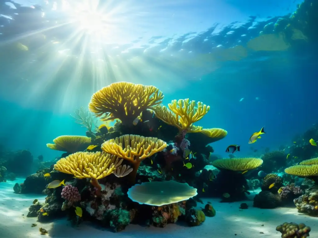 Vibrante arrecife de coral bajo el agua con vida marina y reflejos del sol