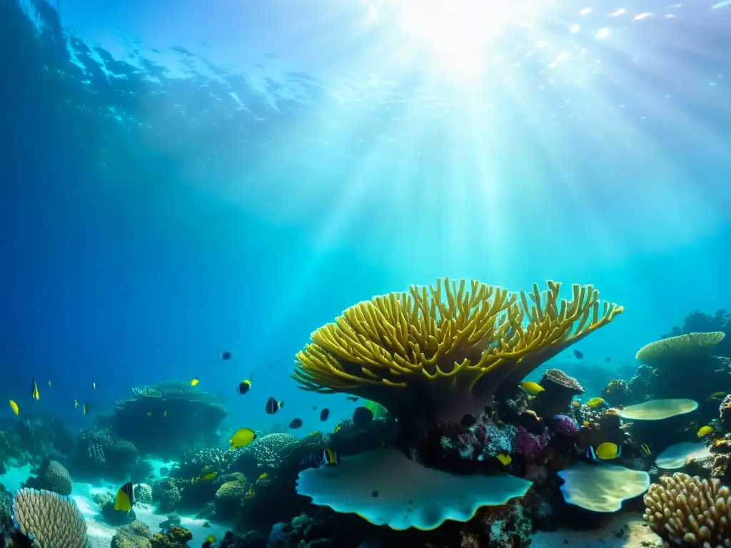 Vibrante arrecife de coral bajo el agua, vida marina colorida, impacto de la acidificación oceánica en el ecosistema marino