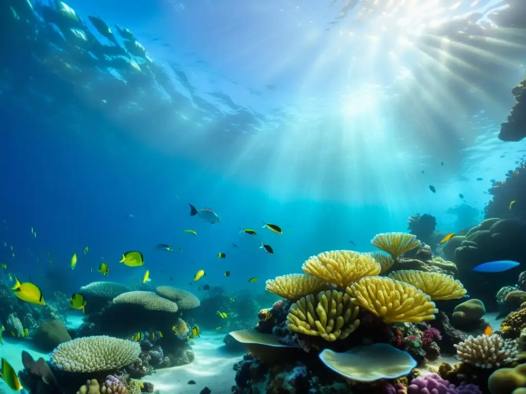 Un vibrante arrecife de coral bajo el agua con vida marina diversa, que invita a explorar la belleza y la tranquilidad del océano