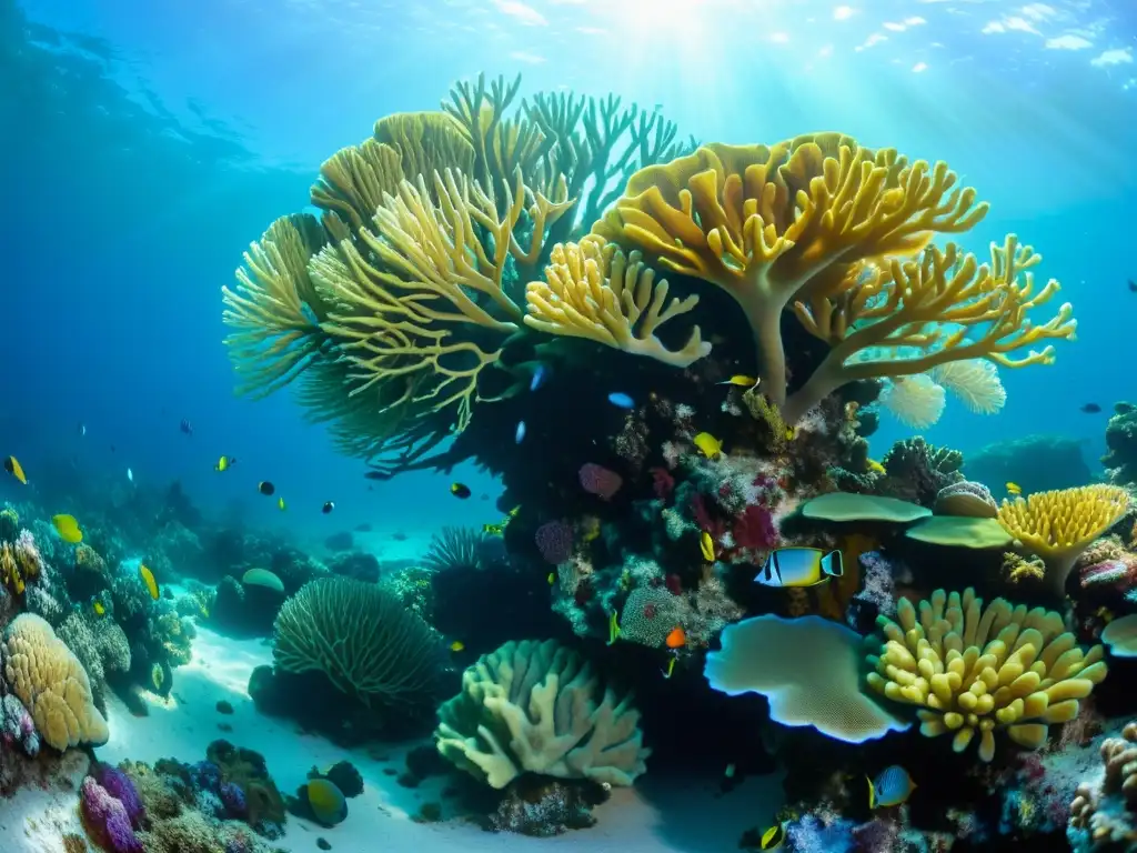 Un vibrante arrecife de coral bajo el agua, con vida marina diversa y colorida