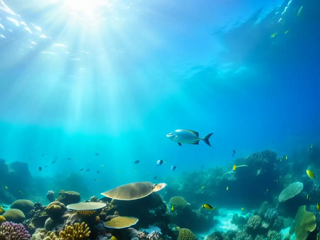 Un vibrante arrecife de coral bajo el agua, con vida marina colorida y agua cristalina