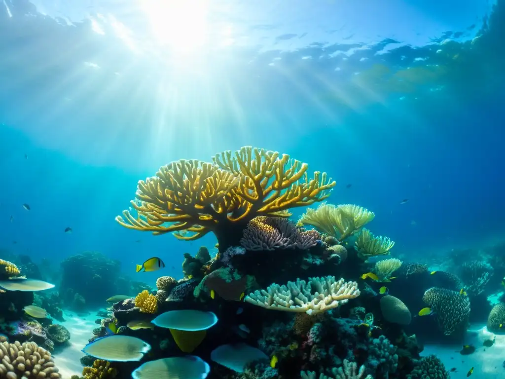 Vibrante arrecife de coral bajo el agua, con vida marina colorida