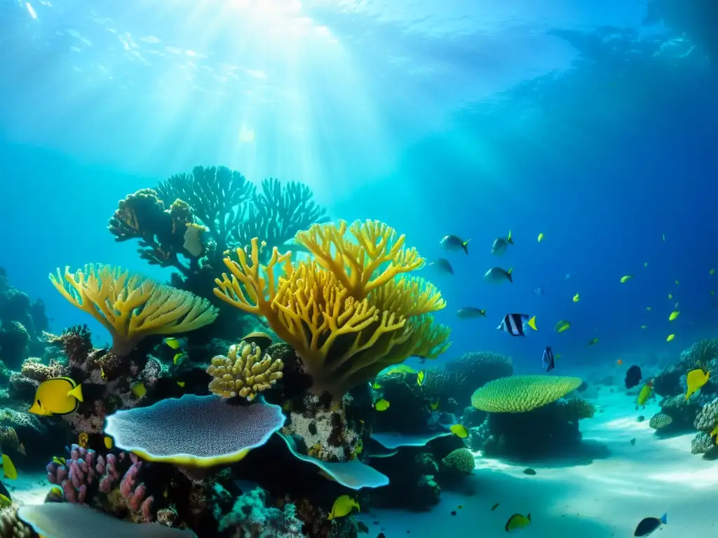 Vibrante arrecife de coral con accesorios imprescindibles para buceo, repleto de vida marina y juego de luces