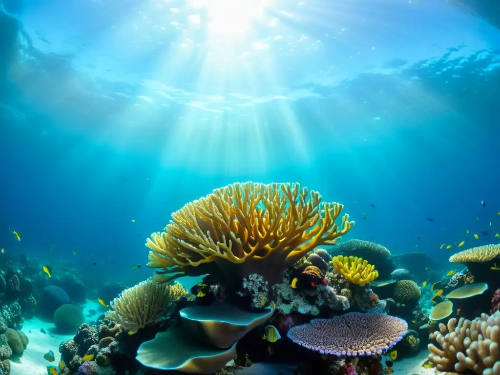 Vibrante arrecife de coral en acuario marino, con variedad de especies y vida marina entre aguas cristalinas