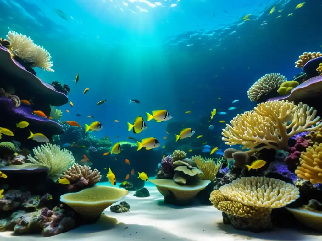 Un vibrante arrecife de coral en un acuario, con peces coloridos nadando entre el coral, creando una escena submarina dinámica