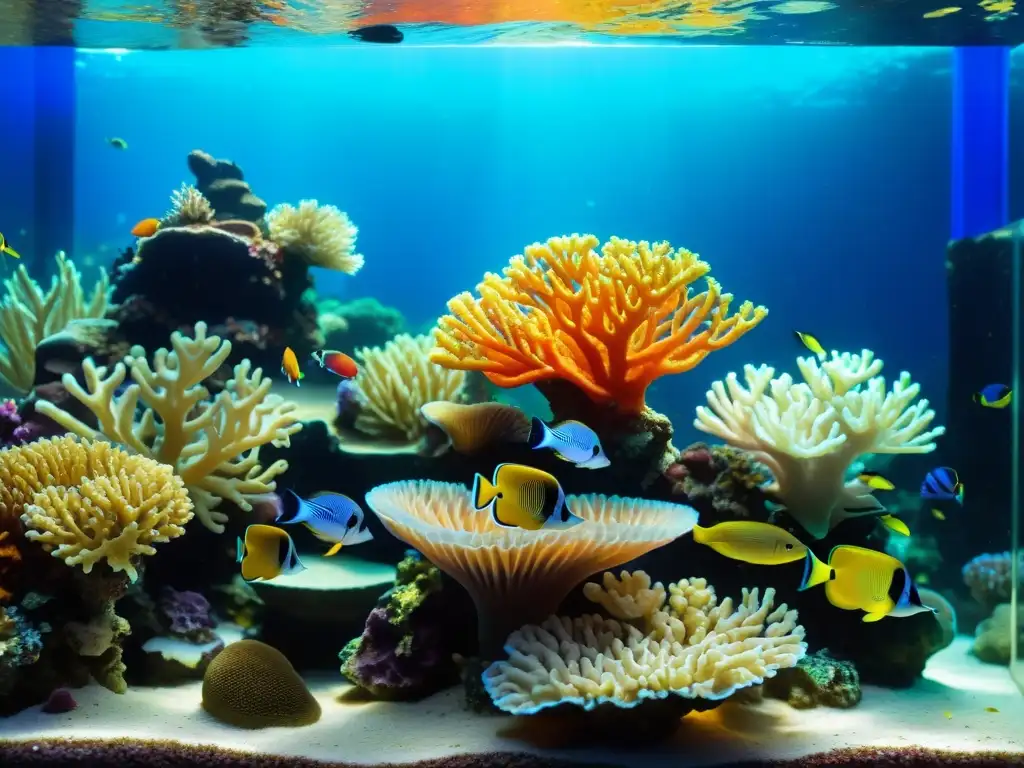 Vibrante arrecife de coral en acuario marino, con peces exóticos y formaciones coloridas