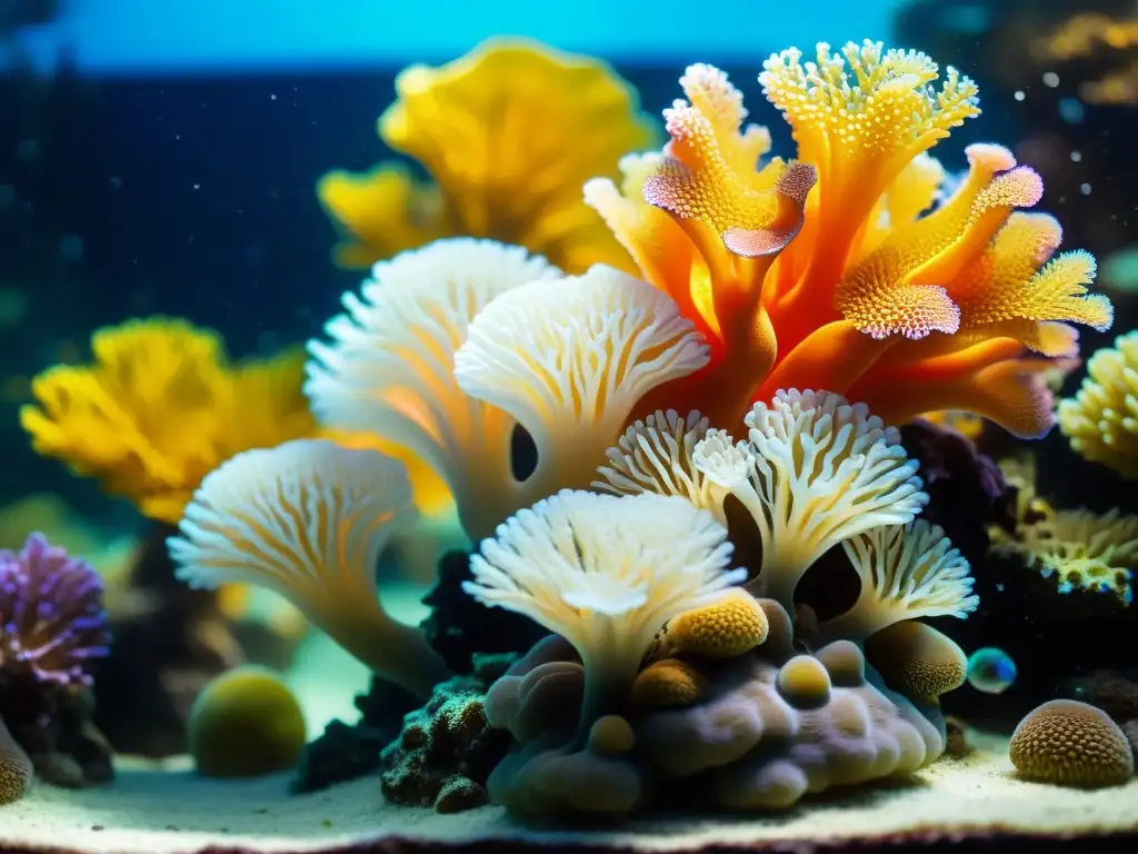 Vibrante arrecife de coral en acuario marino, con burbujas y equipamiento esencial aireación acuario