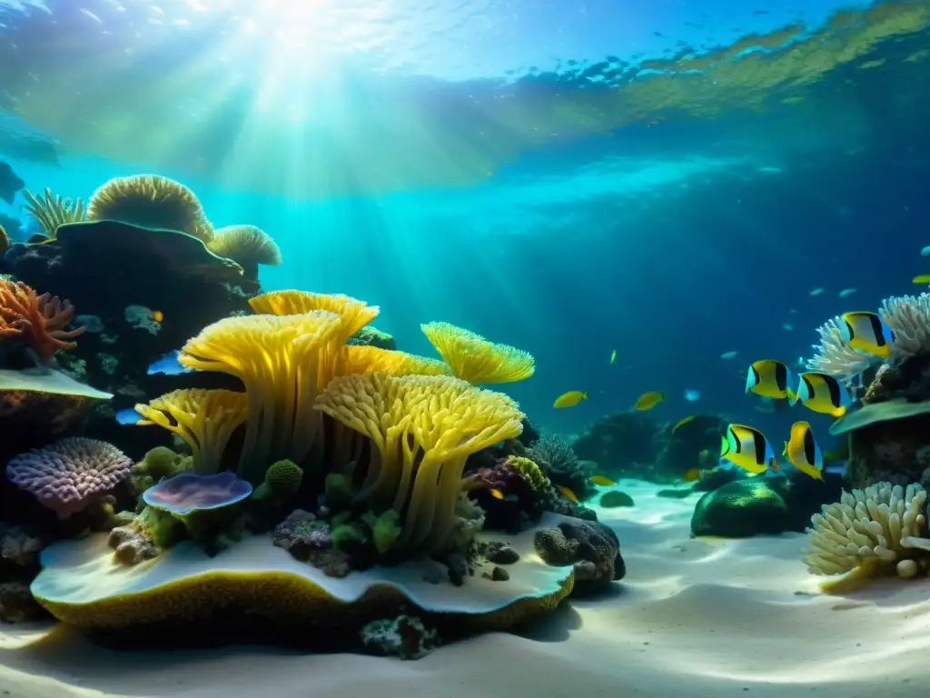 Vibrante arrecife de coral en acuario marino, con vida marina diversa y colorida