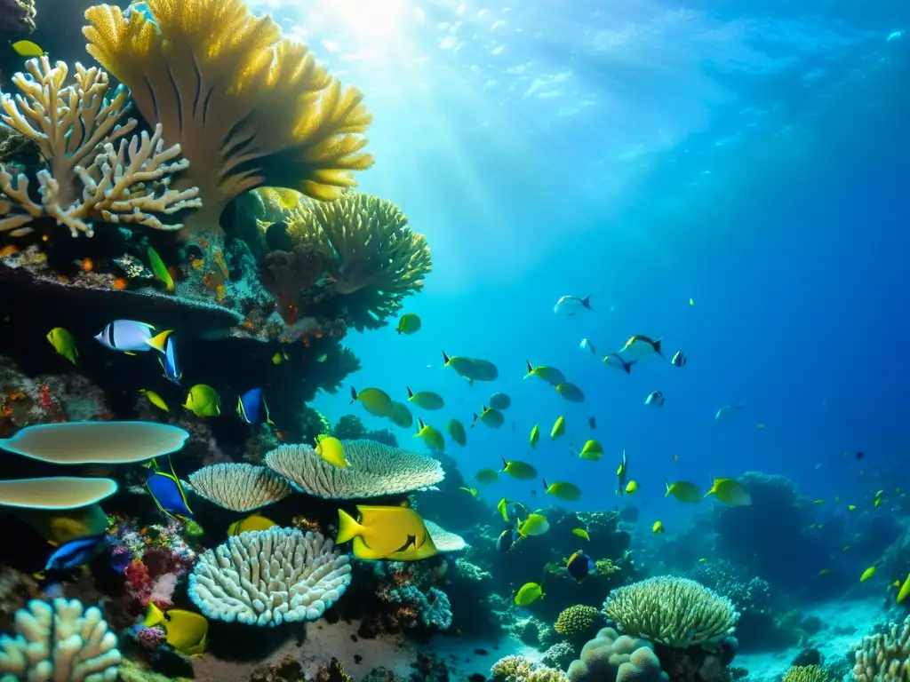 Un vibrante arrecife de coral en acuario marino muestra la diversidad de especies y colores, con peces nadando entre ellos