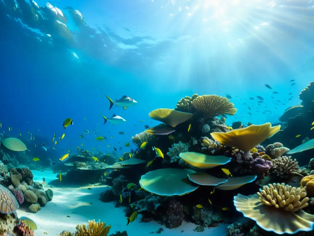 Vibrante arrecife de coral con adaptaciones de la vida submarina en aguas cristalinas y cálida luz dorada