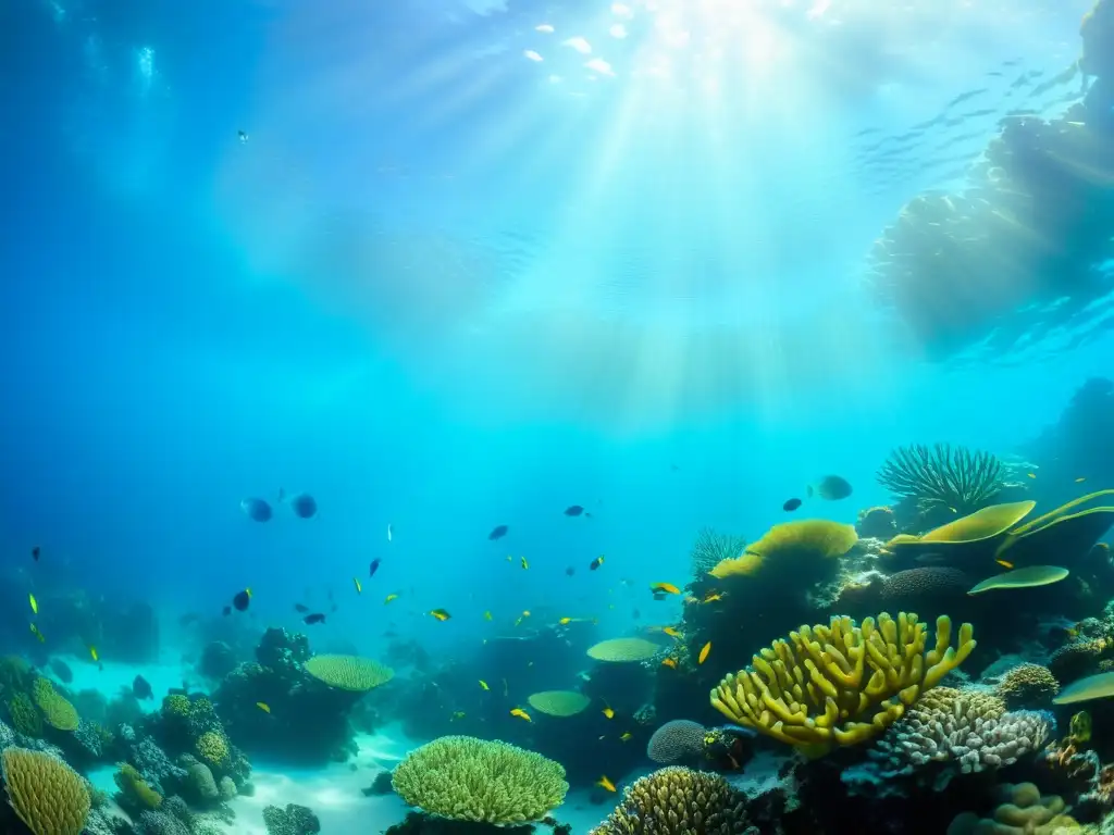 Vibrante arrecife de coral con aerosoles marinos y formación de nubes en el fondo marino