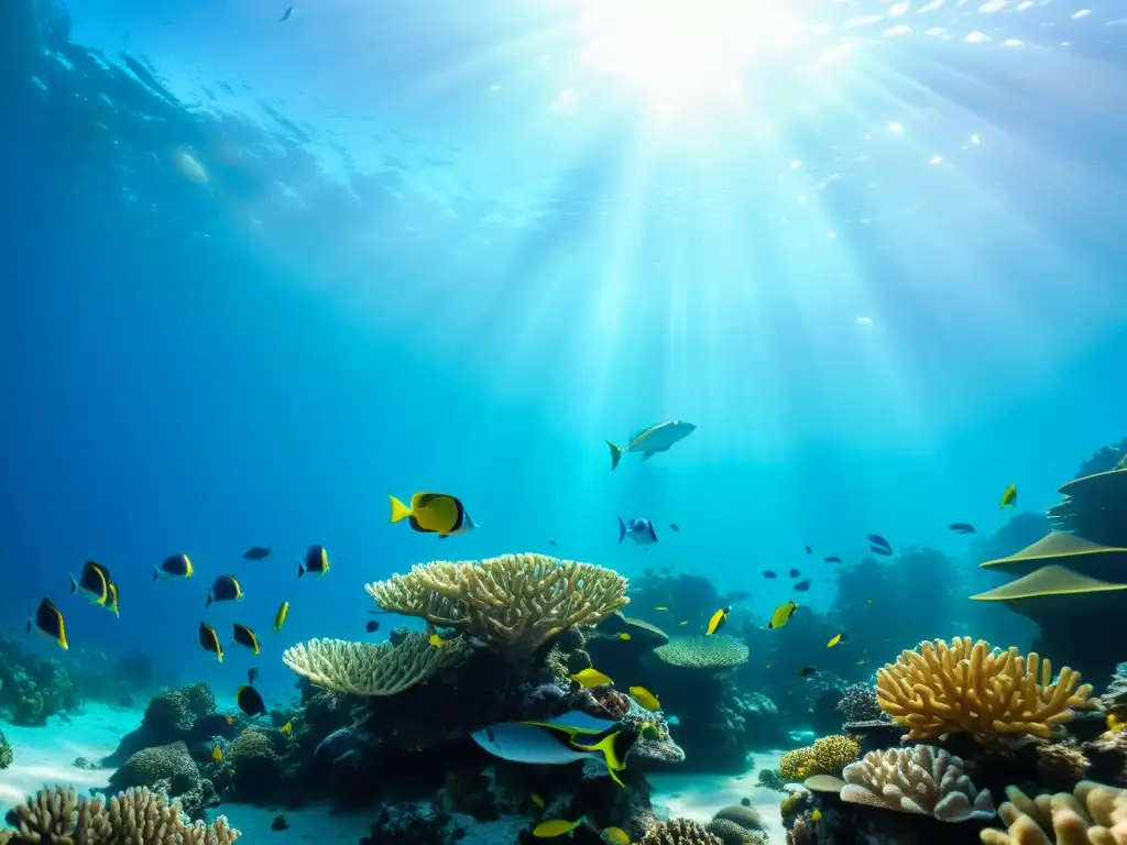 Un vibrante arrecife de coral bajo el agua, lleno de peces coloridos y la importancia de la alimentación para su nutrición