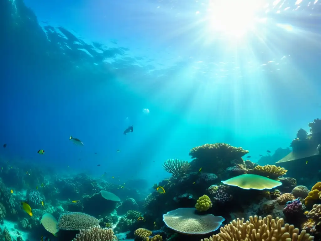 Un vibrante arrecife de coral bajo el agua, repleto de vida marina y coloridas formaciones