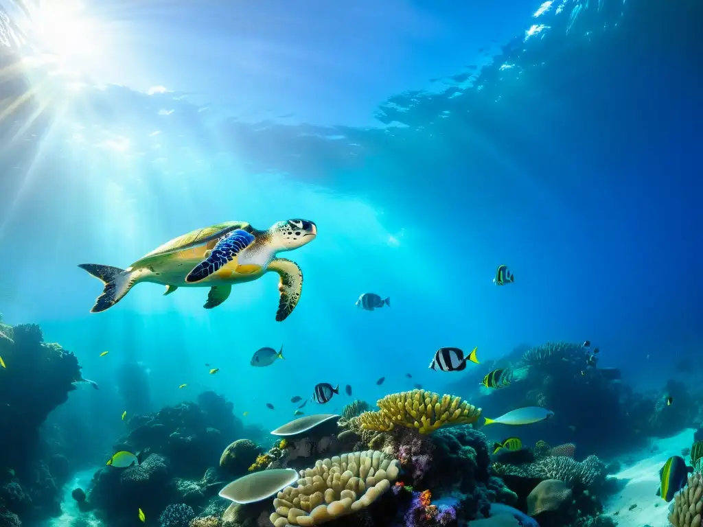 Un vibrante arrecife de coral bajo el agua muestra la adaptación de animales marinos a corrientes, con peces, tortugas y mamíferos marinos