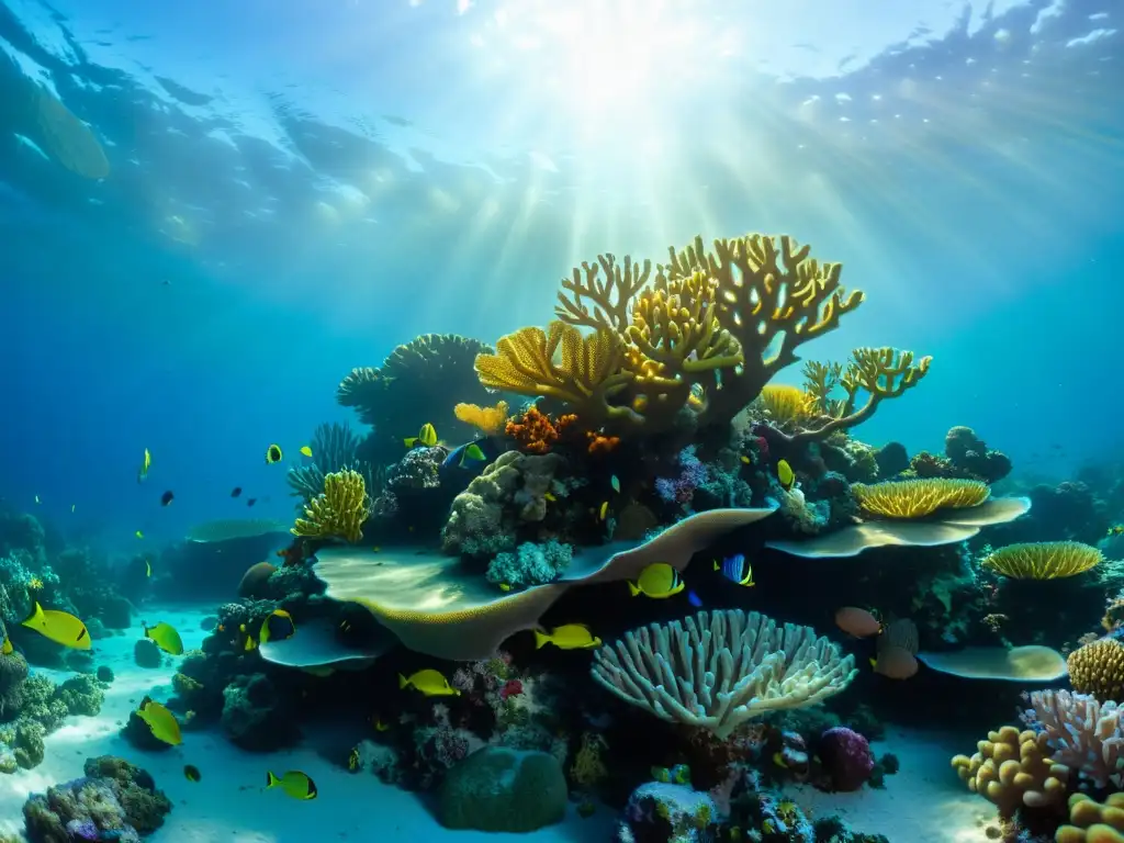 Vibrante arrecife de coral bajo el agua, impacto plásticos arrecifes coral, diversidad de especies y vida marina entre la luz y sombra