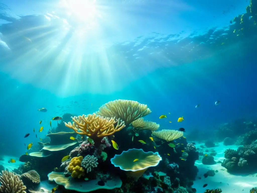 Un vibrante arrecife de coral bajo el agua, muestra supervivencia sin oxígeno en especies marinas