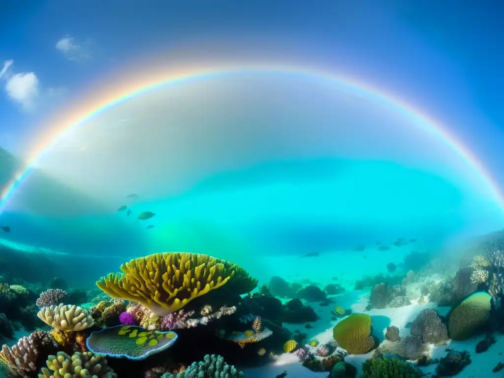 Un vibrante arrecife de coral bajo el agua muestra la vitalidad del océano y aves marinas en un espectáculo de colores y vida