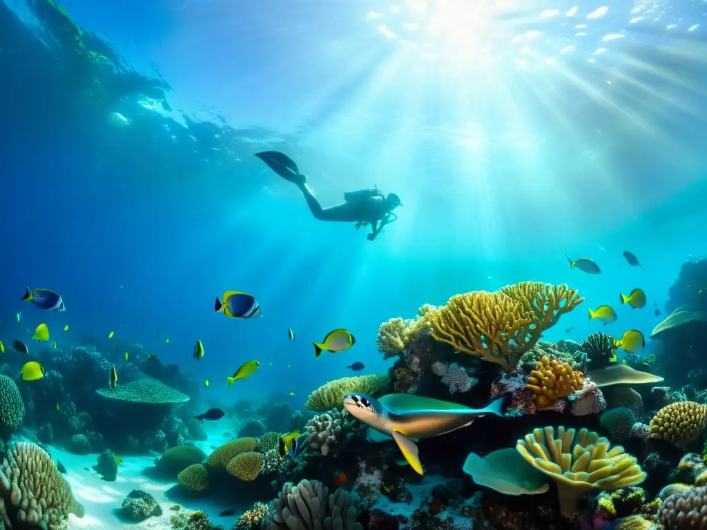 Un vibrante arrecife de coral bajo el agua, repleto de vida marina y resaltando la salud del océano y aves marinas