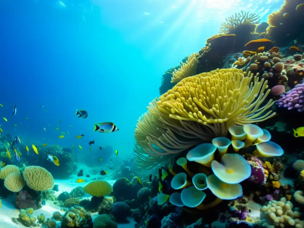 Un vibrante arrecife de coral bajo el agua, lleno de vida marina y coloridos peces