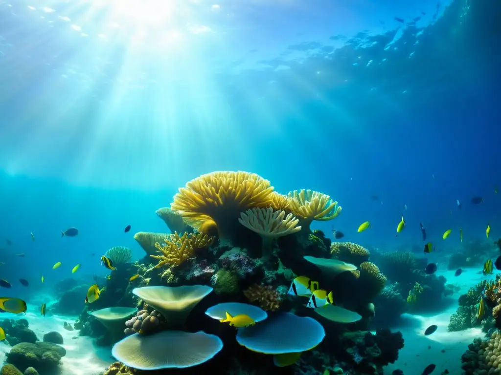 Un vibrante arrecife de coral bajo el agua, iluminado por rayos de sol