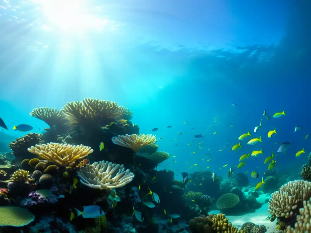 Un vibrante arrecife de coral bajo el agua, iluminado por el sol, con peces y vida marina