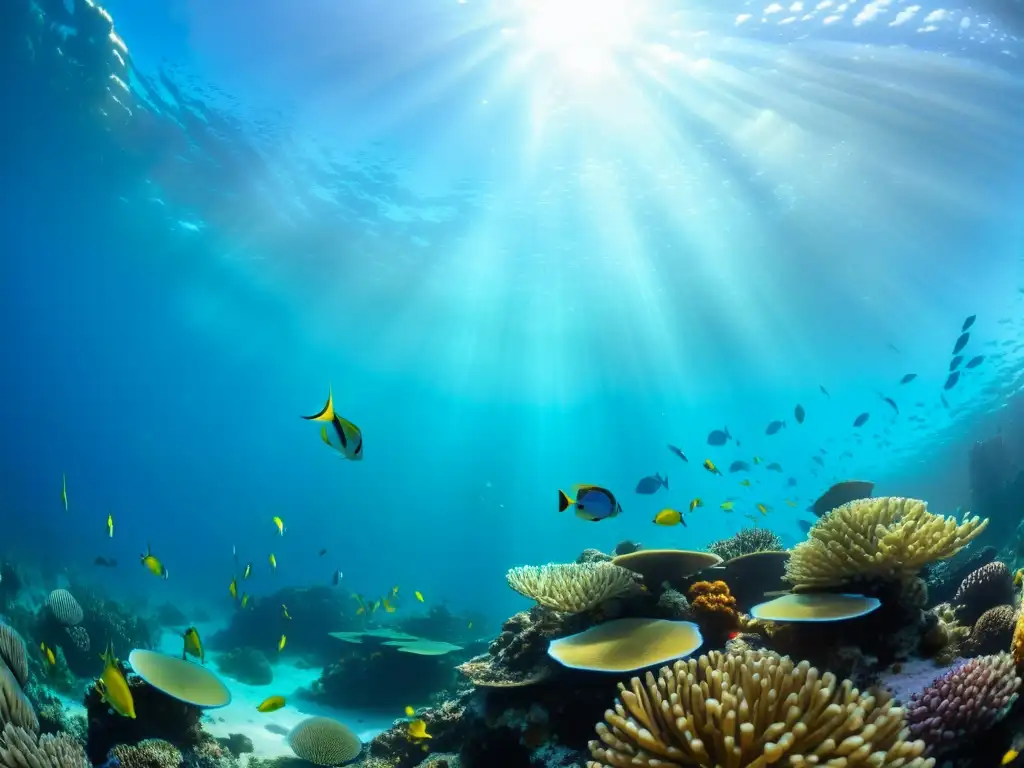 Un vibrante arrecife de coral bajo el agua, hogar de peces de colores y plantas marinas, bañado por la luz del sol