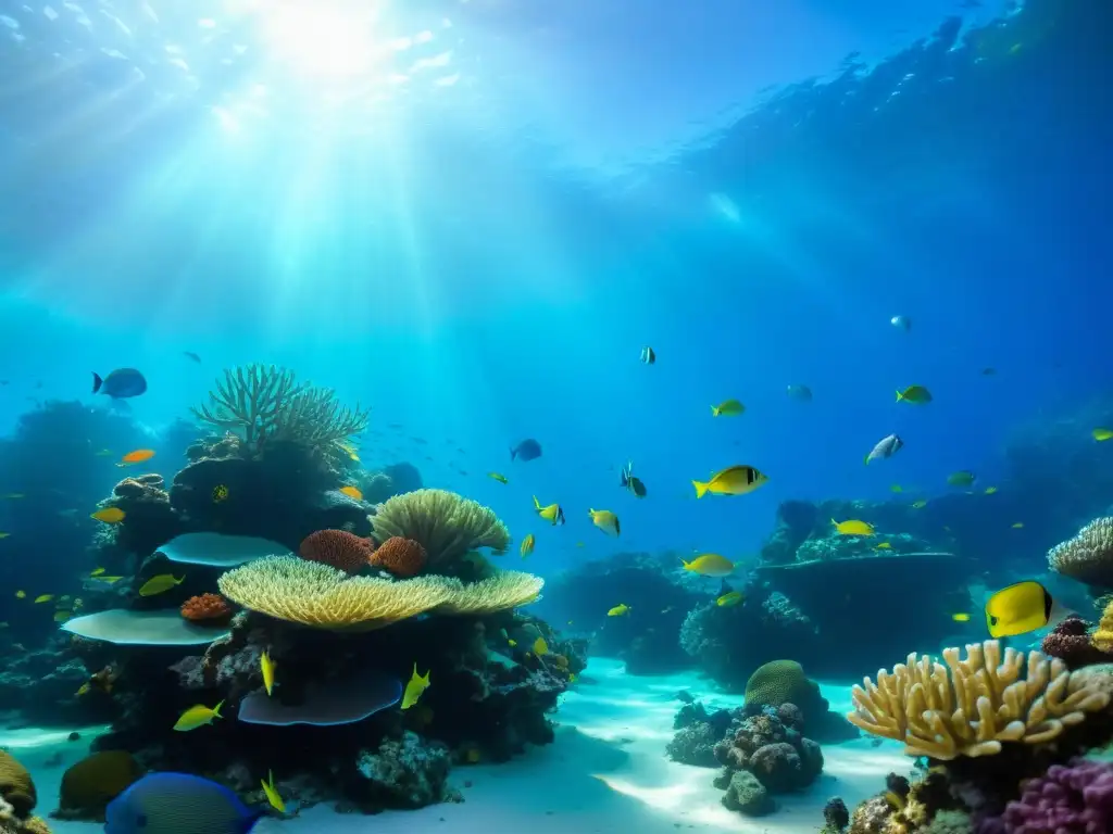 Un vibrante arrecife de coral bajo el agua, repleto de peces coloridos y plantas marinas ondeantes