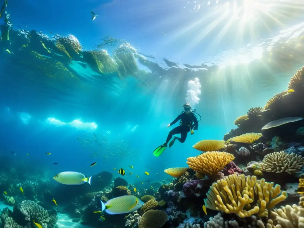 Un vibrante arrecife de coral bajo el agua, habitado por peces coloridos y formaciones de coral, iluminado por rayos de luz