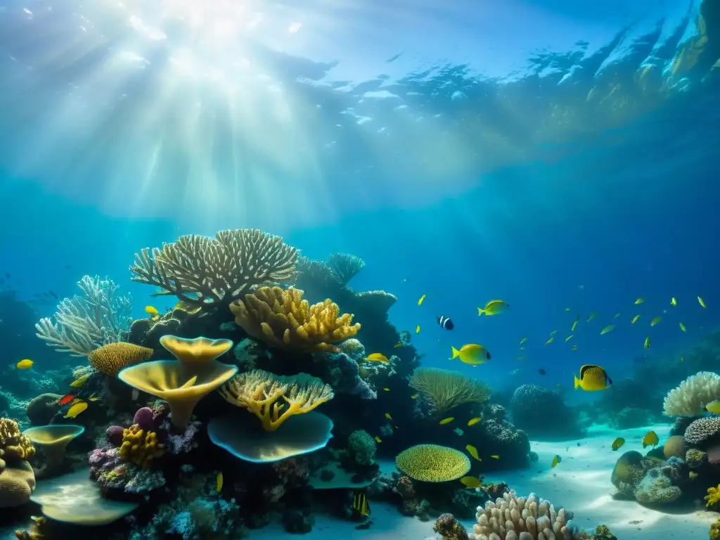 Un vibrante arrecife de coral bajo el agua, muestra una diversidad de vida marina y la adaptación de especies al cambio climático