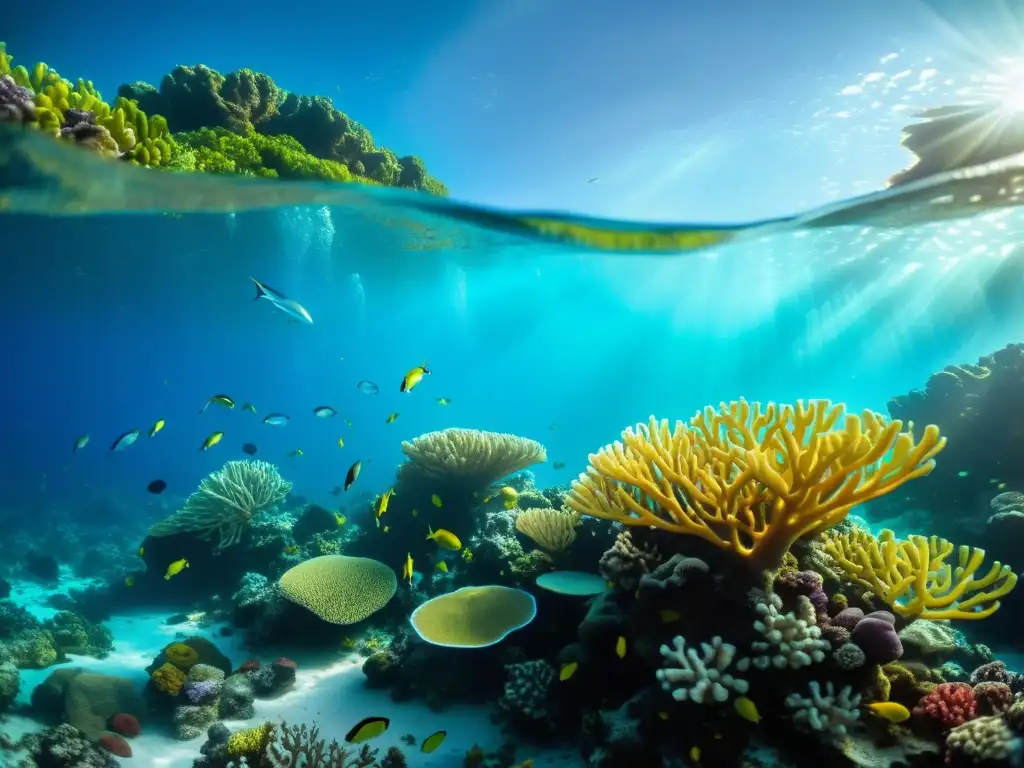 Un vibrante arrecife de coral bajo el agua, repleto de vida marina