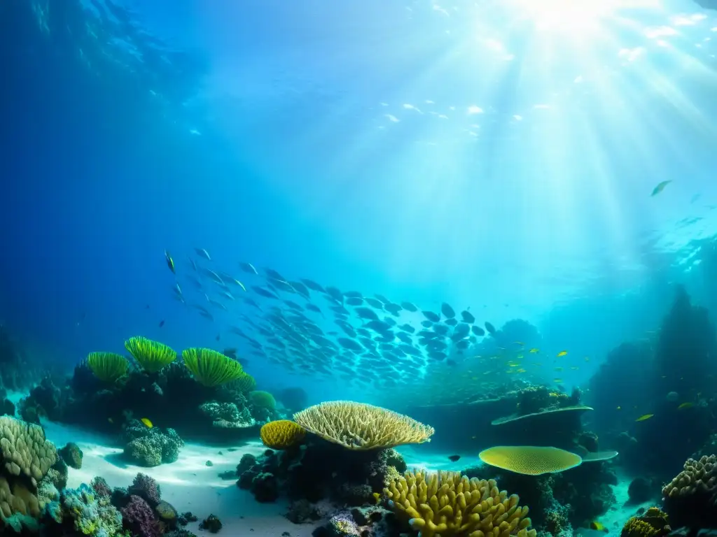 Un vibrante arrecife de coral bajo el agua, lleno de vida marina colorida y solución a la contaminación marina