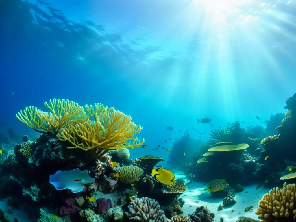 Vibrante arrecife de coral bajo el agua, muestra la belleza y fragilidad del ecosistema marino, con impacto del plomo en océanos