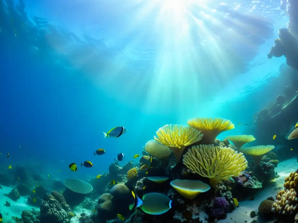 Vibrante arrecife de coral bajo el agua, habitado por peces coloridos y vida marina