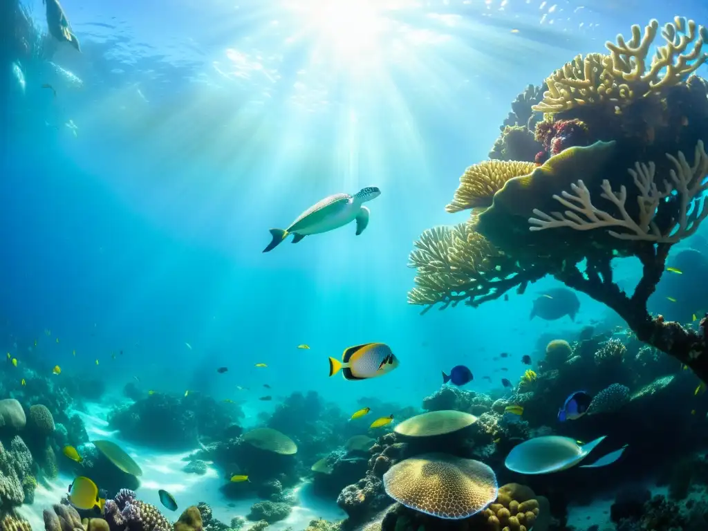 Un vibrante arrecife de coral bajo el agua, lleno de vida marina y la ética del fotógrafo submarino vida marina