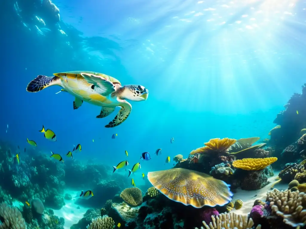 Un vibrante arrecife de coral bajo el agua, lleno de peces coloridos y vida marina