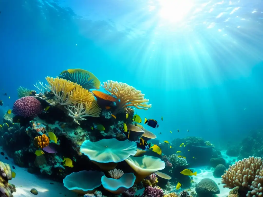 Un vibrante arrecife de coral bajo el agua, hogar de una diversidad de especies marinas