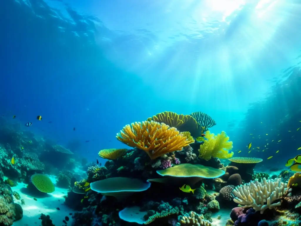 Un vibrante arrecife de coral bajo el agua, lleno de vida marina