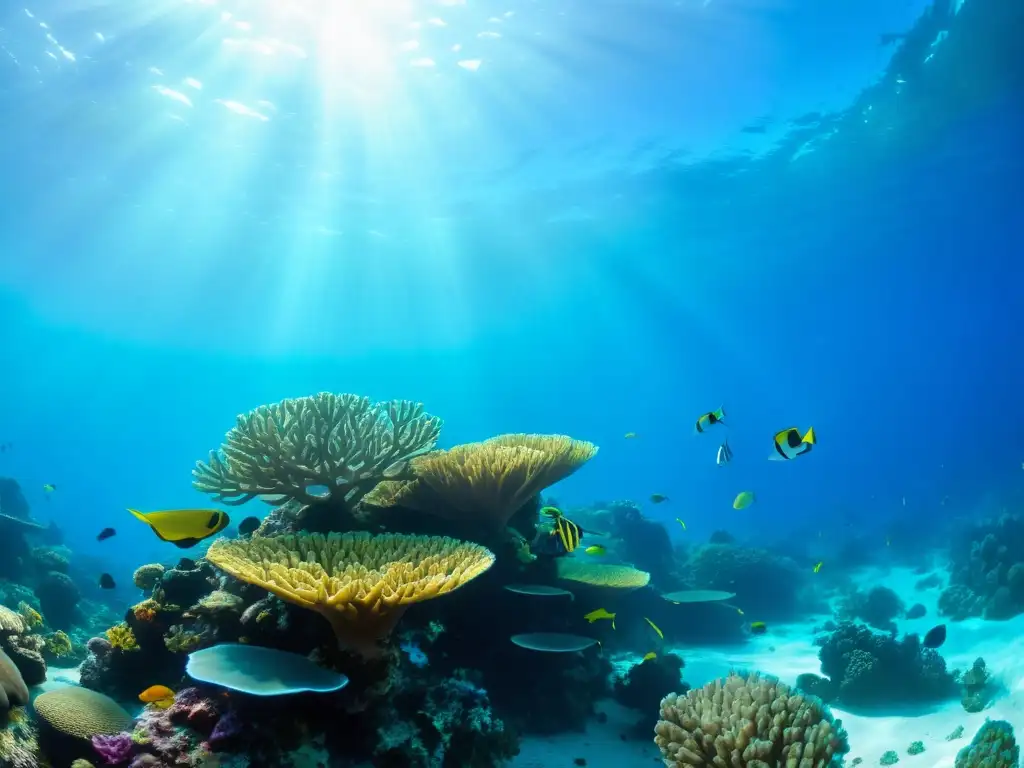 Un vibrante arrecife de coral bajo el agua, repleto de vida marina y coloridos peces