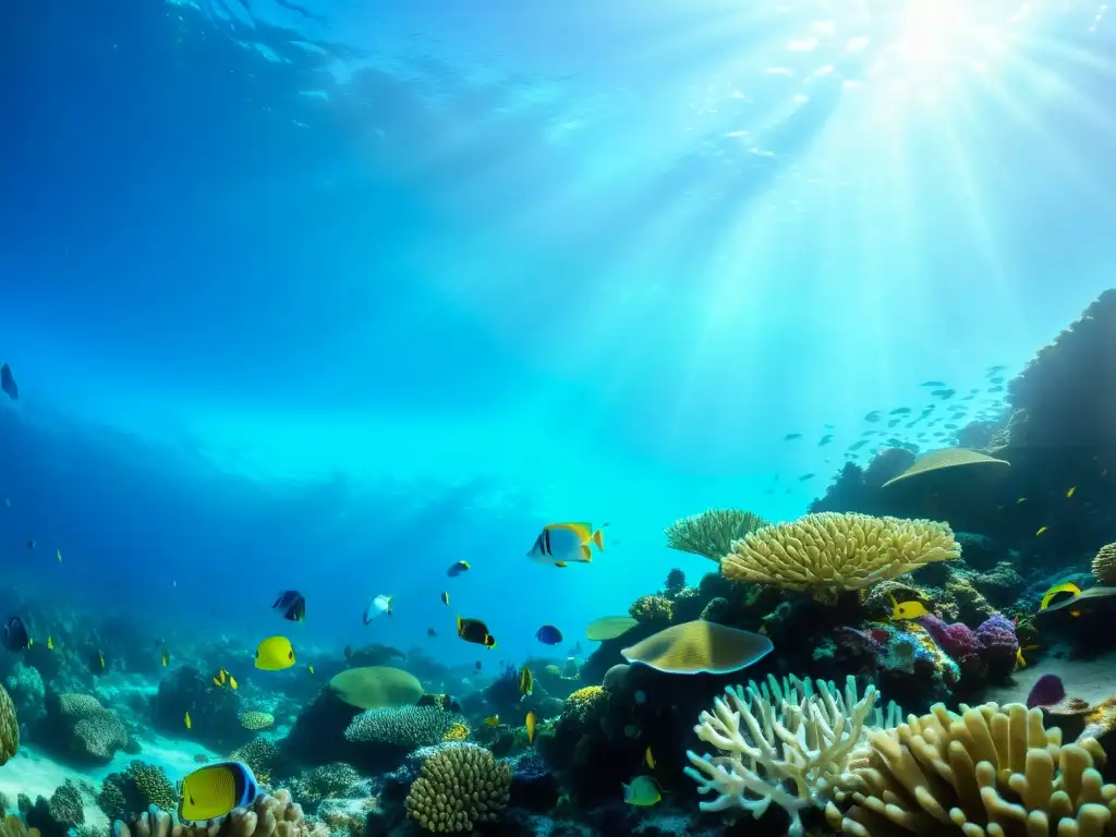 Un vibrante arrecife de coral bajo el agua, repleto de vida marina