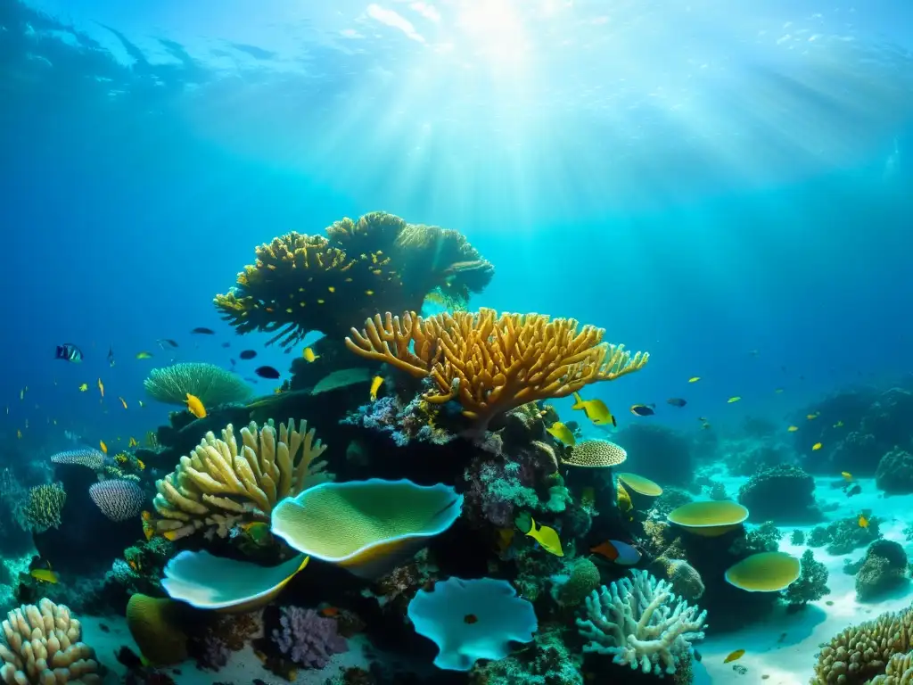 Vibrante arrecife de coral en agua cristalina, reflejando la belleza y complejidad de un exitoso acuario marino